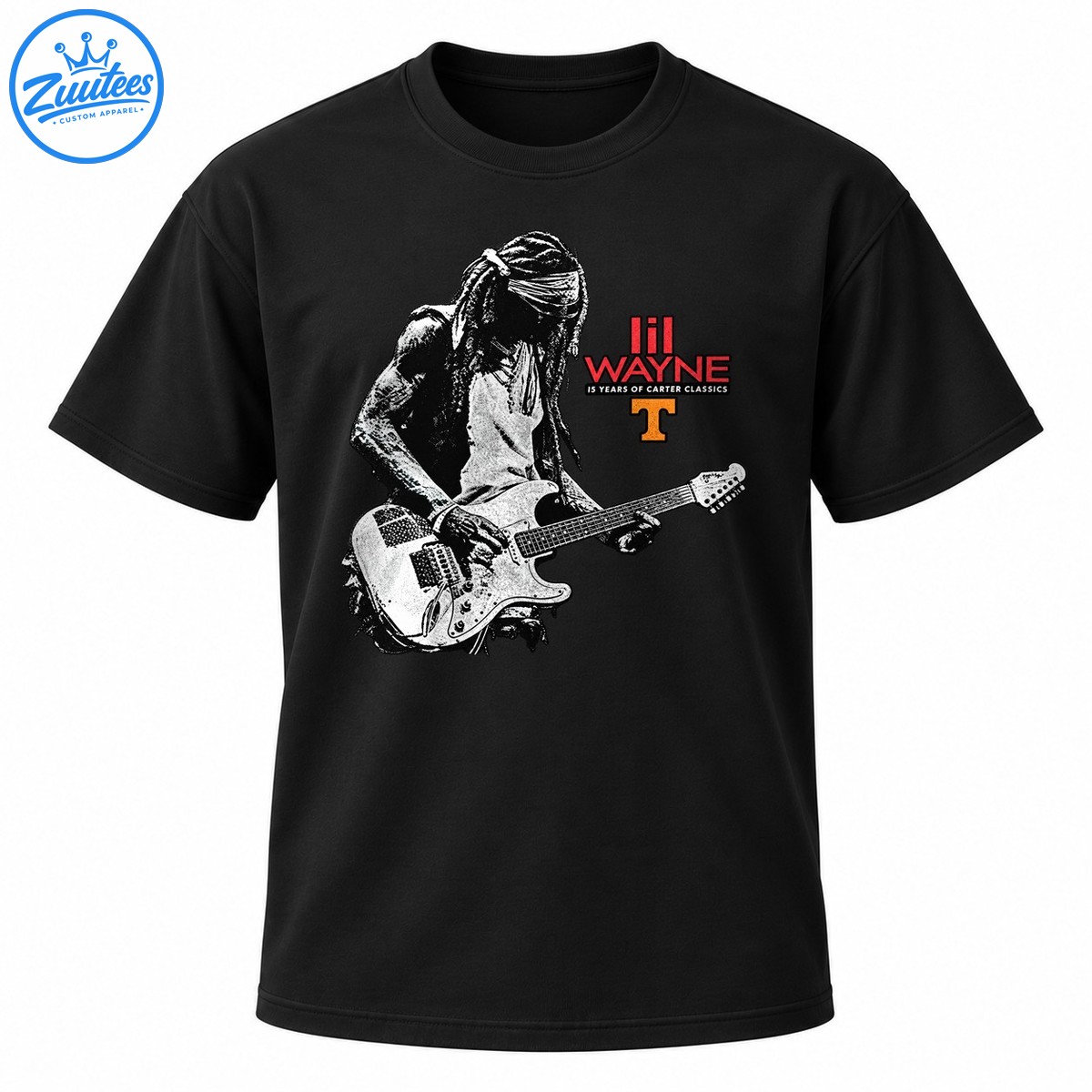 Distressed black and white guitarist portrait with red lil WAYNE lettering, Carter Classics text, and orange T graphic. Distressed black and white guitarist portrait with red lil WAYNE lettering, Carter Classics text, and orange T graphic.