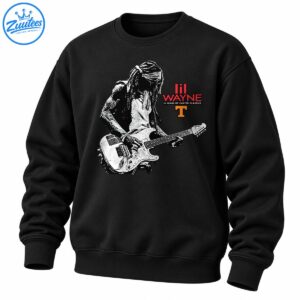 Distressed black and white guitarist portrait with red lil WAYNE lettering, Carter Classics text, and orange T graphic.