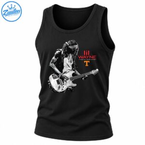 Distressed black and white guitarist portrait with red lil WAYNE lettering, Carter Classics text, and orange T graphic.