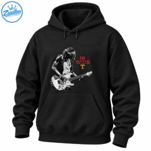 Distressed black and white guitarist portrait with red lil WAYNE lettering, Carter Classics text, and orange T graphic.