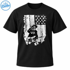 Black and white distressed graphic featuring a wide-brimmed-hat guitarist, microphone, electric guitar, and weathered American flag.