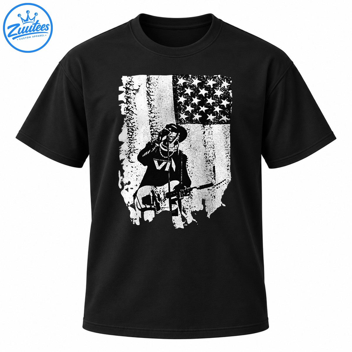 Black and white distressed graphic featuring a wide brimmed hat guitarist, microphone, electric guitar, and weathered American flag. Black and white distressed graphic featuring a wide-brimmed-hat guitarist, microphone, electric guitar, and weathered American flag.