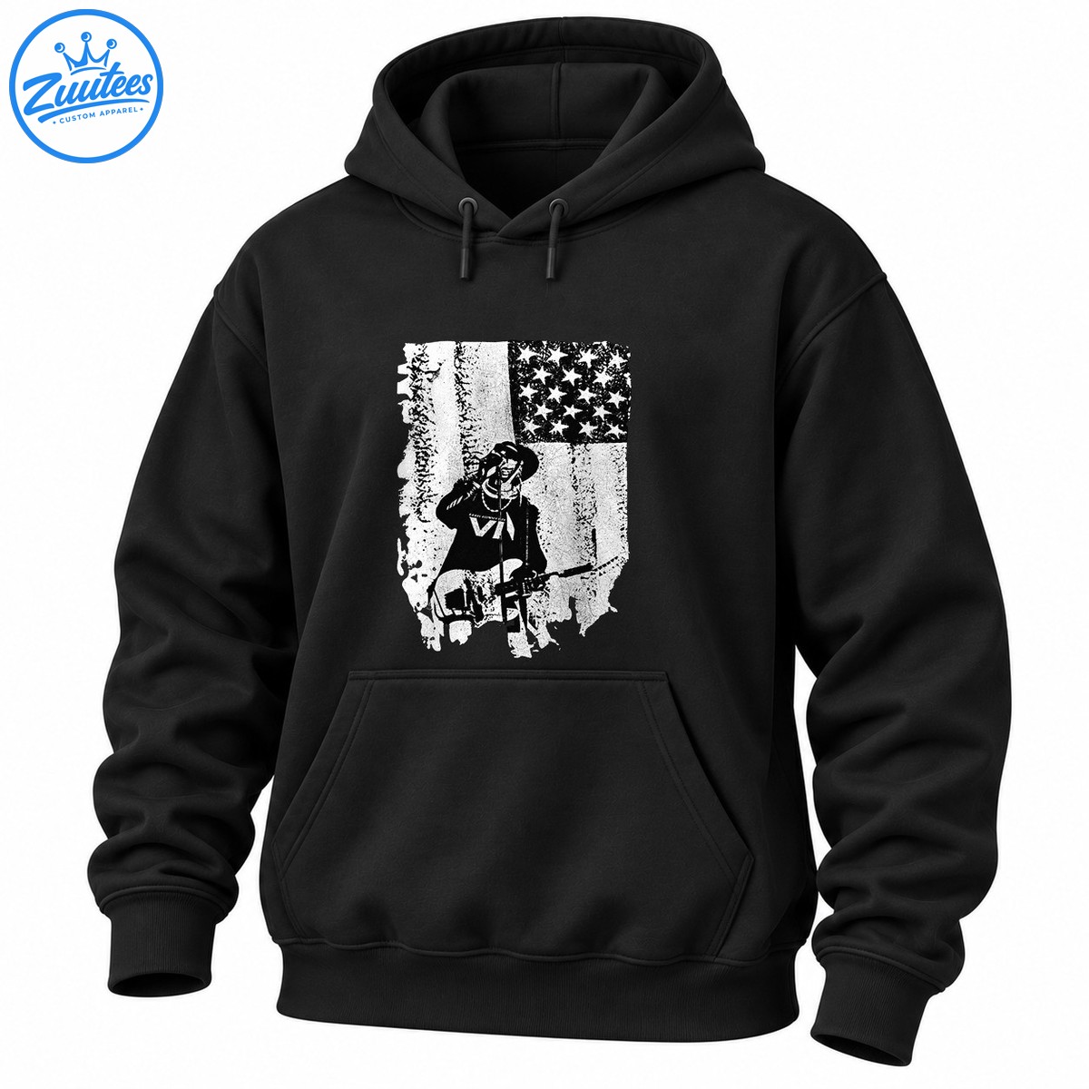 Black and white distressed graphic featuring a wide brimmed hat guitarist, microphone, electric guitar, and weathered American flag. Black and white distressed graphic featuring a wide-brimmed-hat guitarist, microphone, electric guitar, and weathered American flag.