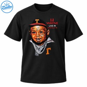 Young Lil Wayne portrait graphic with face tattoos, silver chains, orange T emblems, and red Knoxville concert lettering