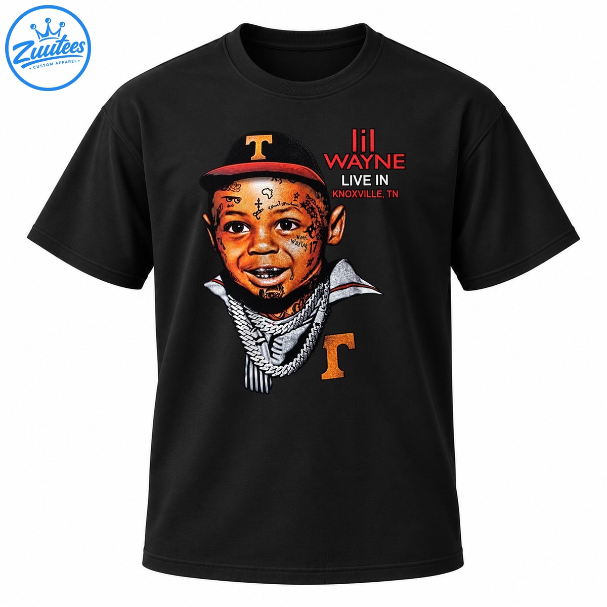 Young Lil Wayne portrait graphic with face tattoos, silver chains, orange T emblems, and red Knoxville concert lettering Young Lil Wayne portrait graphic with face tattoos, silver chains, orange T emblems, and red Knoxville concert lettering