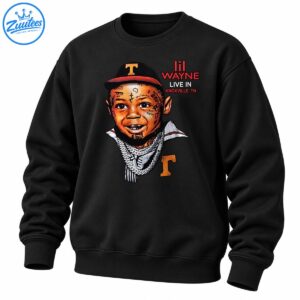 Young Lil Wayne portrait graphic with face tattoos, silver chains, orange T emblems, and red Knoxville concert lettering