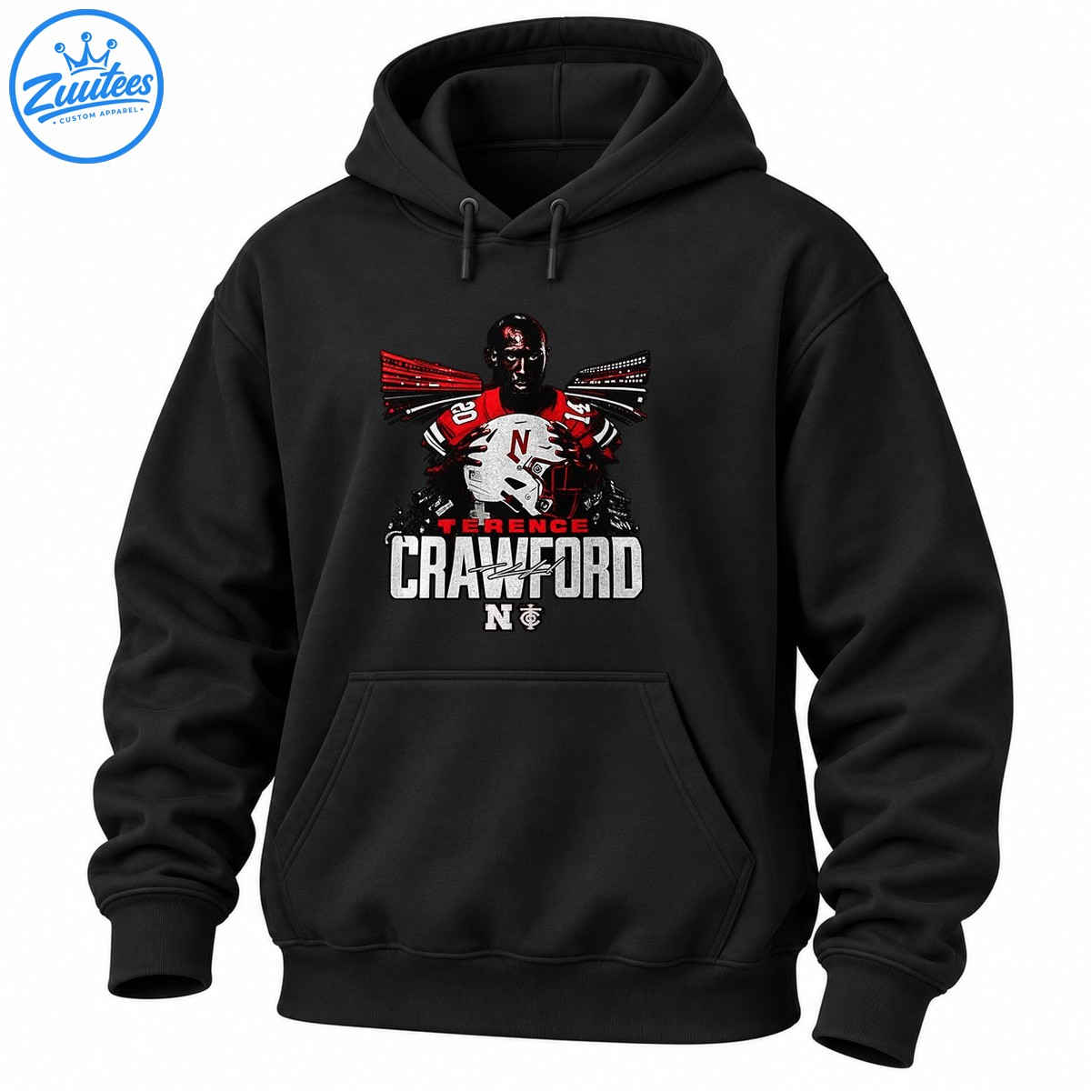 Terence Crawford graphic featuring a football player holding a white helmet, red jersey, distressed lettering, and signature details Terence Crawford graphic featuring a football player holding a white helmet, red jersey, distressed lettering, and signature details