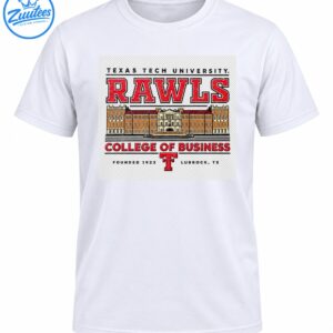 Texas Tech Rawls College of Business vintage shirt design with red varsity lettering and a detailed brick campus building