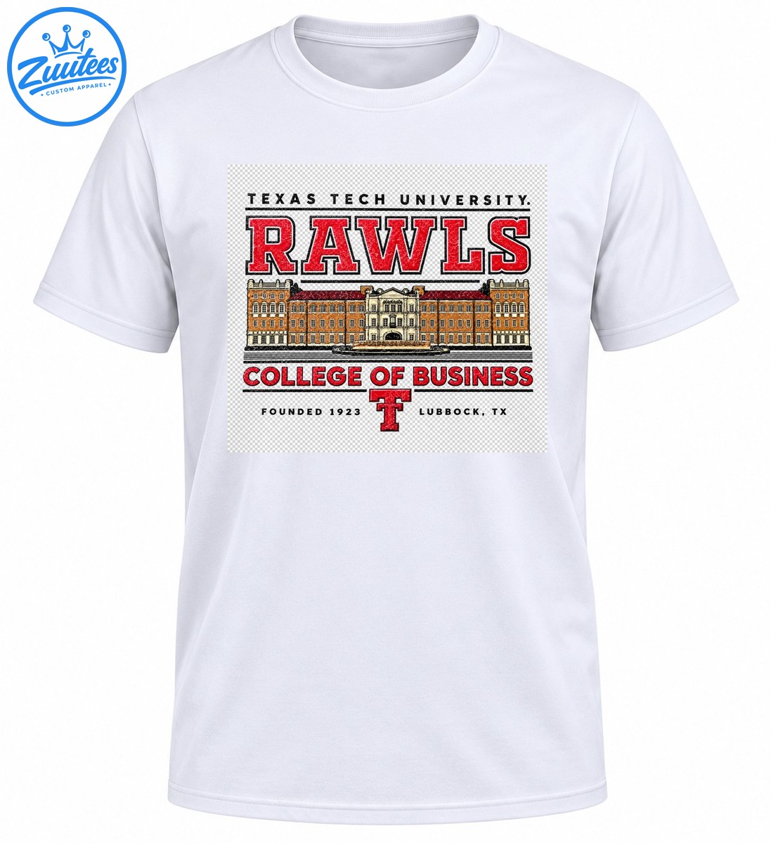 Texas Tech Rawls College of Business vintage shirt design with red varsity lettering and a detailed brick campus building Texas Tech Rawls College of Business vintage shirt design with red varsity lettering and a detailed brick campus building