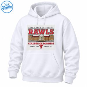 Texas Tech Rawls College of Business vintage shirt design with red varsity lettering and a detailed brick campus building