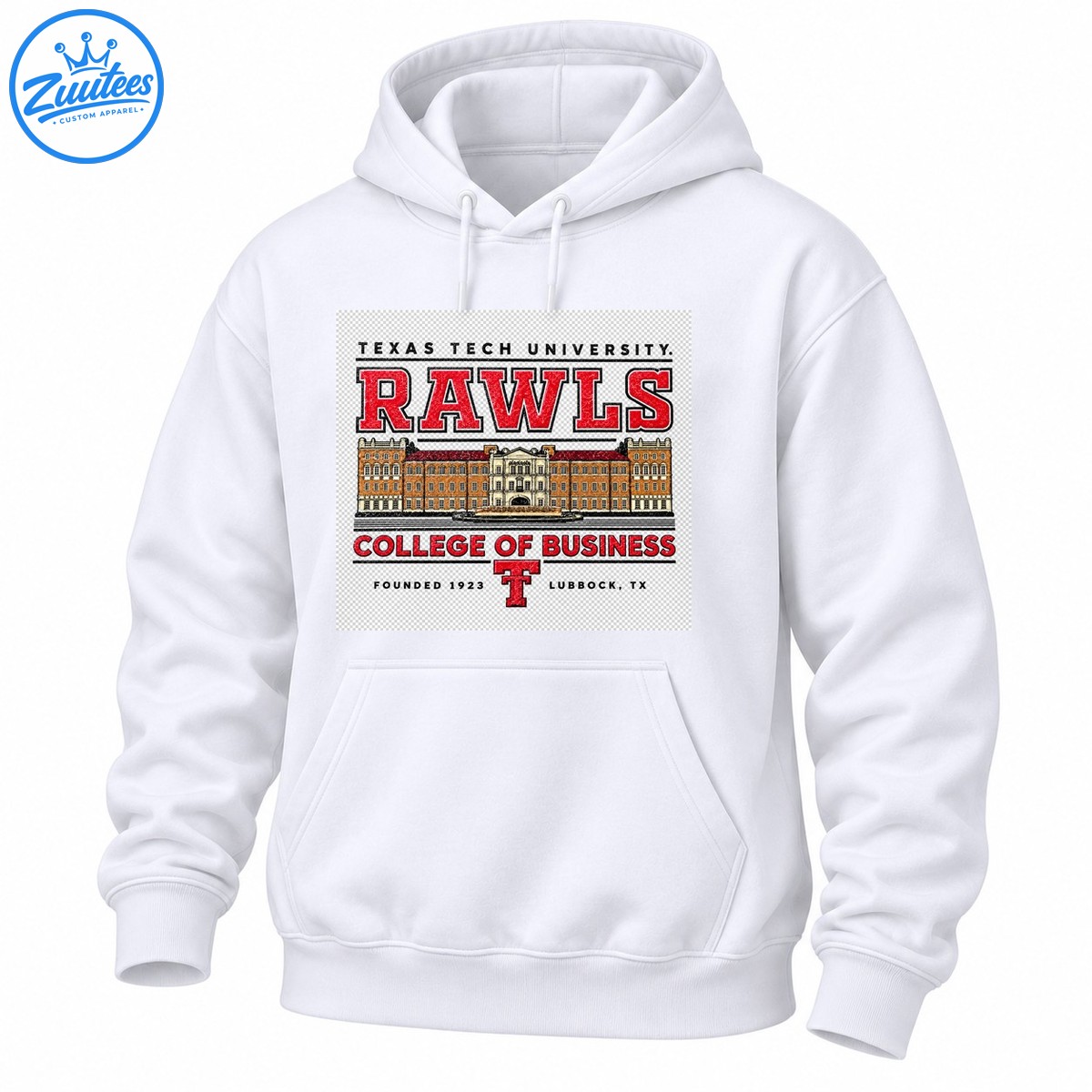 Texas Tech Rawls College of Business vintage shirt design with red varsity lettering and a detailed brick campus building Texas Tech Rawls College of Business vintage shirt design with red varsity lettering and a detailed brick campus building