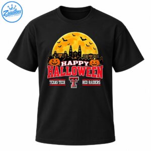 Texas Tech Red Raiders Happy Halloween graphic with orange moon, bats, pumpkins, campus skyline and Double T logo