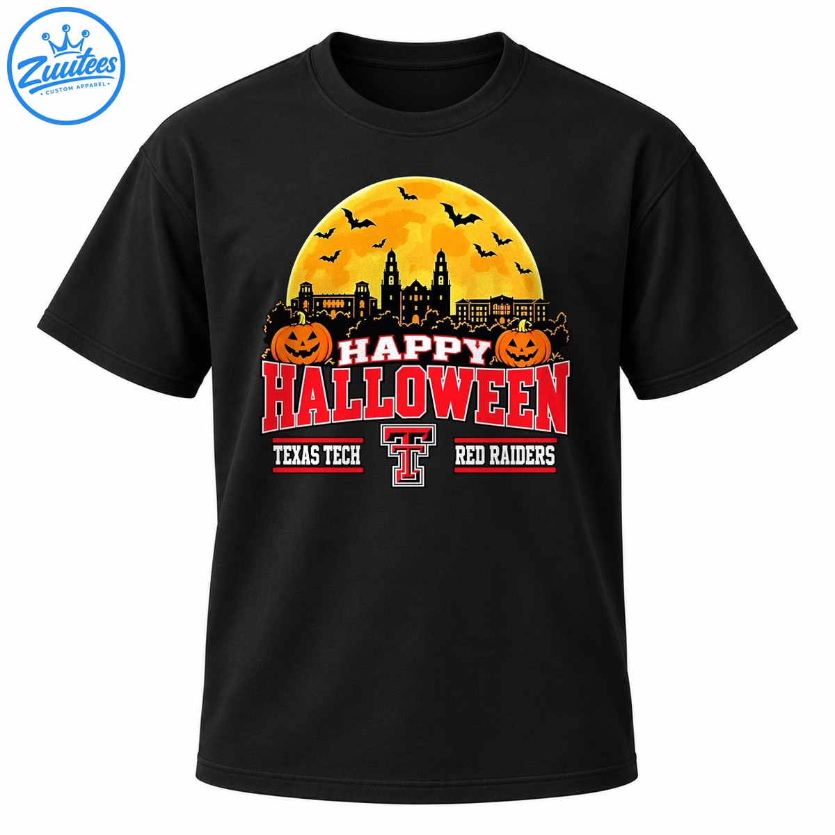 Texas Tech Red Raiders Happy Halloween graphic with orange moon, bats, pumpkins, campus skyline and Double T logo Texas Tech Red Raiders Happy Halloween graphic with orange moon, bats, pumpkins, campus skyline and Double T logo