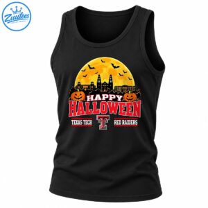 Texas Tech Red Raiders Happy Halloween graphic with orange moon, bats, pumpkins, campus skyline and Double T logo