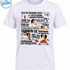 Thanksgiving cartoon shirt design with humorous song lyrics, family characters, roasted turkeys, mashed potatoes, and musical notes
