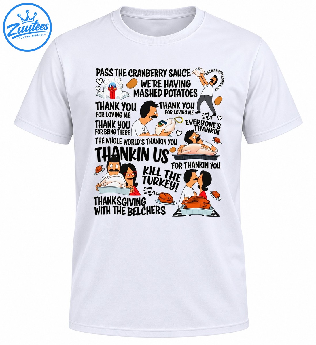 Thanksgiving cartoon shirt design with humorous song lyrics, family characters, roasted turkeys, mashed potatoes, and musical notes Thanksgiving cartoon shirt design with humorous song lyrics, family characters, roasted turkeys, mashed potatoes, and musical notes
