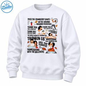 Thanksgiving cartoon shirt design with humorous song lyrics, family characters, roasted turkeys, mashed potatoes, and musical notes