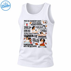 Thanksgiving cartoon shirt design with humorous song lyrics, family characters, roasted turkeys, mashed potatoes, and musical notes