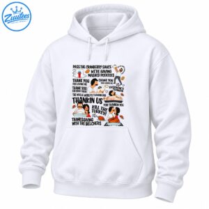 Thanksgiving cartoon shirt design with humorous song lyrics, family characters, roasted turkeys, mashed potatoes, and musical notes