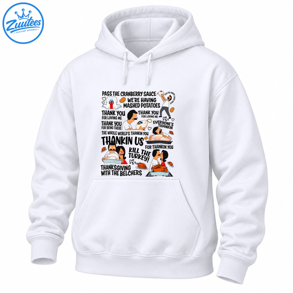 Thanksgiving cartoon shirt design with humorous song lyrics, family characters, roasted turkeys, mashed potatoes, and musical notes Thanksgiving cartoon shirt design with humorous song lyrics, family characters, roasted turkeys, mashed potatoes, and musical notes