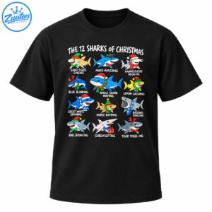 The 12 Sharks of Christmas cartoon design with colorful sharks, Santa hats, holiday accessories, and playful captions