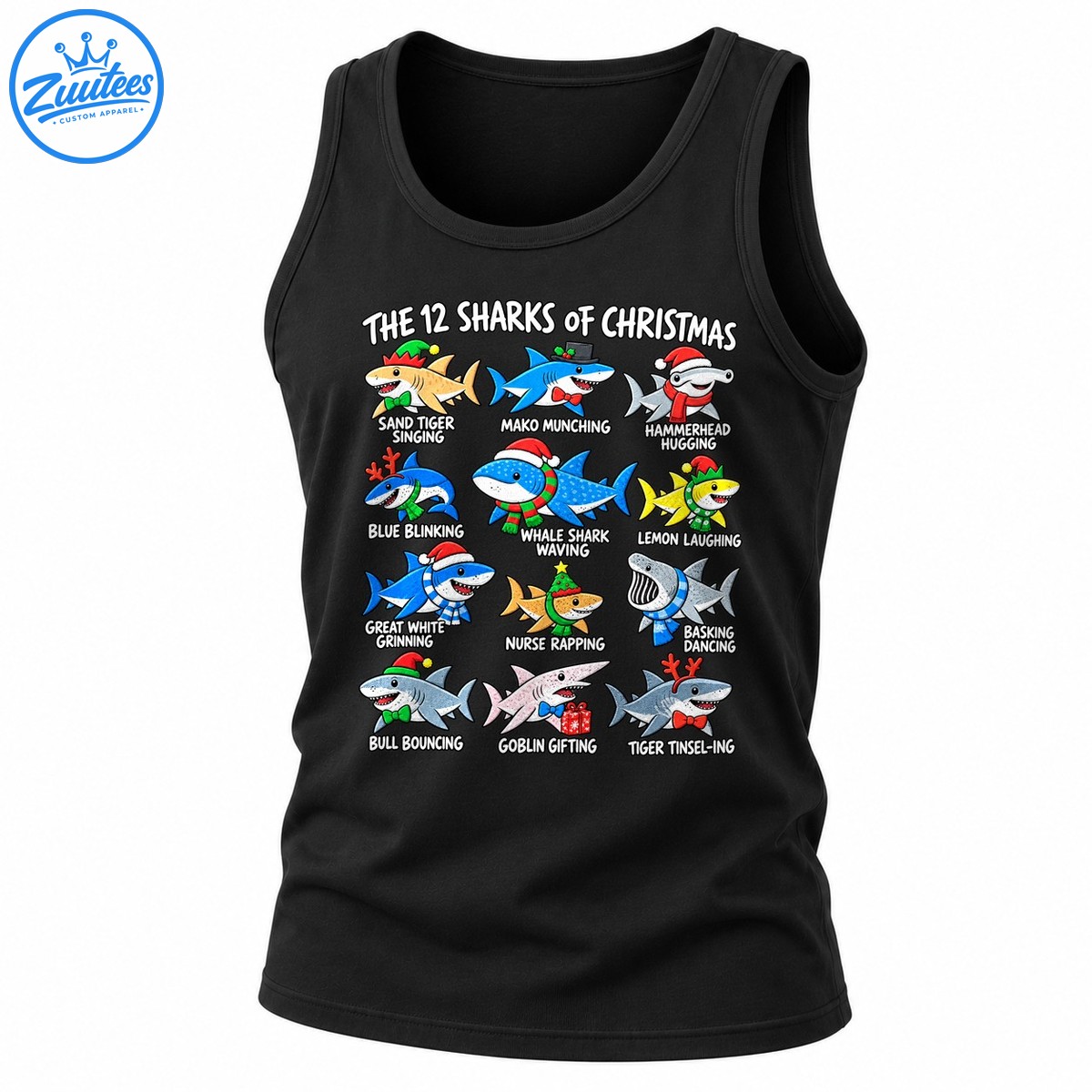 The 12 Sharks Of Christmas Cartoon Shark Holiday Tank Top