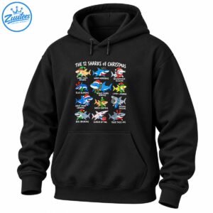 The 12 Sharks of Christmas cartoon design with colorful sharks, Santa hats, holiday accessories, and playful captions