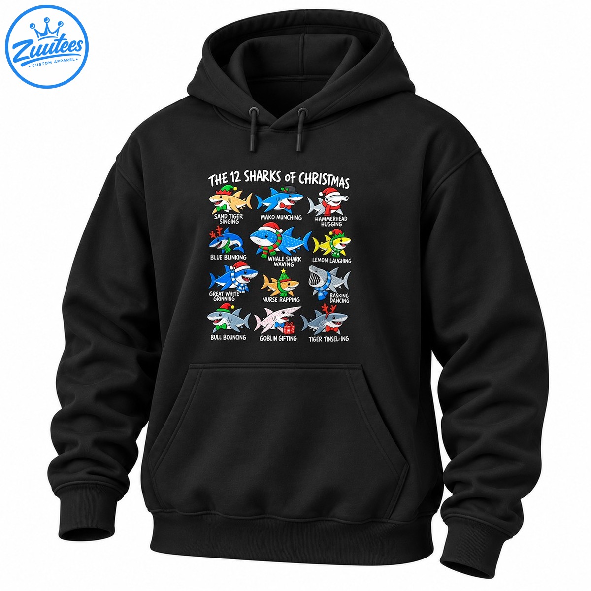 The 12 Sharks of Christmas cartoon design with colorful sharks, Santa hats, holiday accessories, and playful captions The 12 Sharks of Christmas cartoon design with colorful sharks, Santa hats, holiday accessories, and playful captions