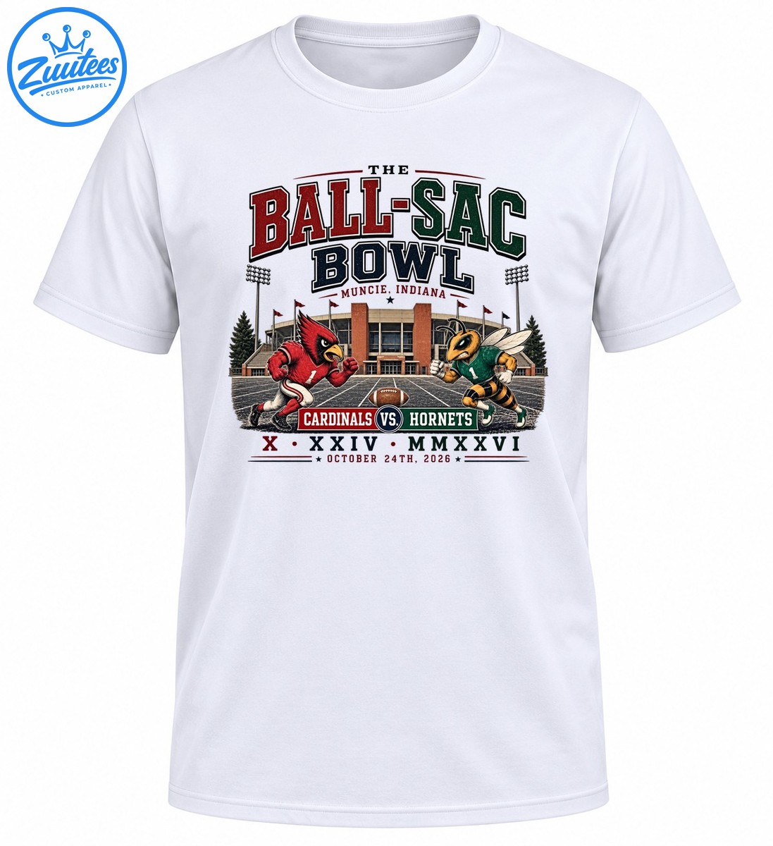 Ball Sac Bowl graphic with red cardinal and green yellow hornet mascots, stadium, football, and October 24th, 2026 date Ball-Sac Bowl graphic with red cardinal and green-yellow hornet mascots, stadium, football, and October 24th, 2026 date