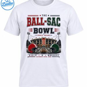 Vintage Ball-Sac Bowl Shirt design with Muncie Indiana lettering, stadium, red and green helmets, and October 24th 2026 date