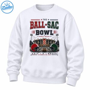 Vintage Ball-Sac Bowl Shirt design with Muncie Indiana lettering, stadium, red and green helmets, and October 24th 2026 date