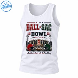 Vintage Ball-Sac Bowl Shirt design with Muncie Indiana lettering, stadium, red and green helmets, and October 24th 2026 date