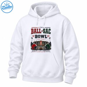 Vintage Ball-Sac Bowl Shirt design with Muncie Indiana lettering, stadium, red and green helmets, and October 24th 2026 date