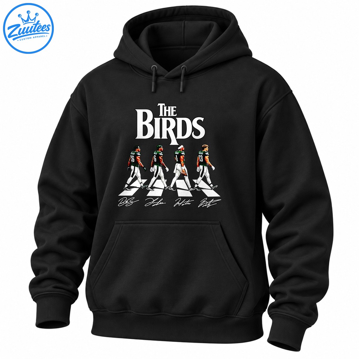 The Birds football graphic with four green jersey players numbered 26, 6, 1, 13 on a crosswalk and signatures The Birds football graphic with four green jersey players numbered 26, 6, 1, 13 on a crosswalk and signatures