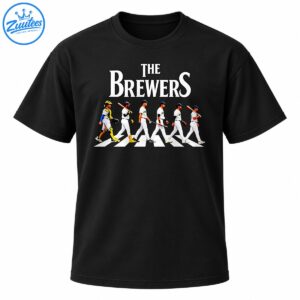 The Brewers baseball graphic with six uniformed players walking across a striped crosswalk beneath white serif lettering