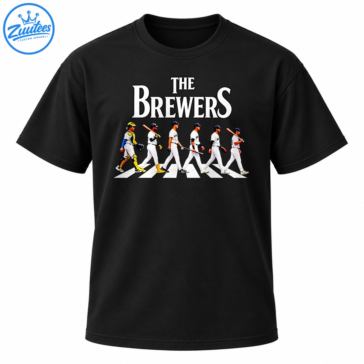 The Brewers baseball graphic with six uniformed players walking across a striped crosswalk beneath white serif lettering The Brewers baseball graphic with six uniformed players walking across a striped crosswalk beneath white serif lettering