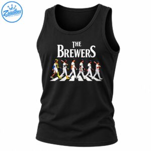 The Brewers baseball graphic with six uniformed players walking across a striped crosswalk beneath white serif lettering