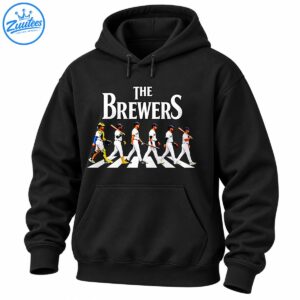 The Brewers baseball graphic with six uniformed players walking across a striped crosswalk beneath white serif lettering