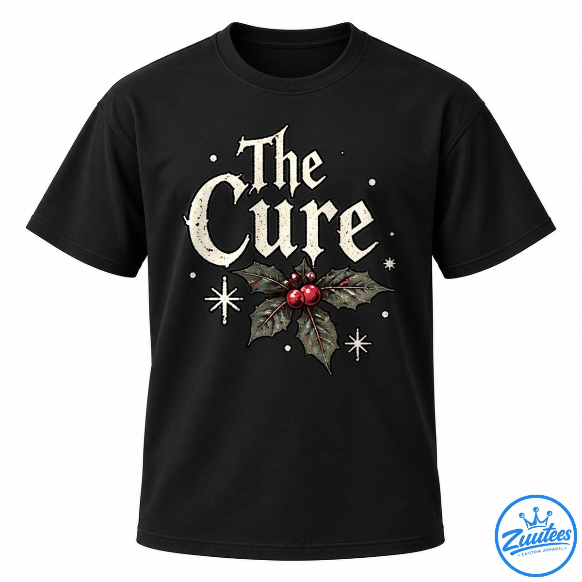 The Cure Merry Christmas Rose Shirt The Cure Gothic Christmas design with distressed ivory lettering, dark holly leaves, red berries, and cream winter stars.