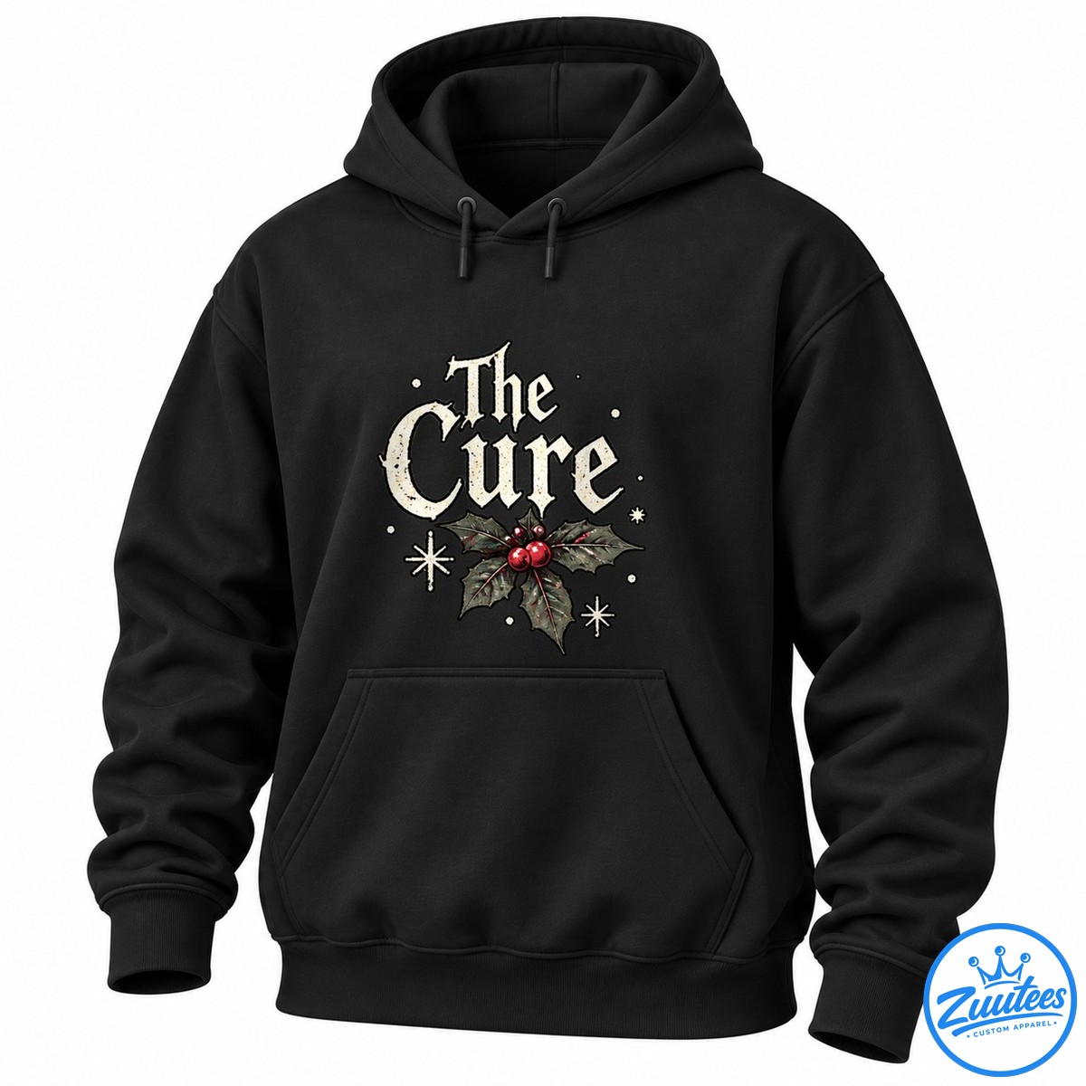 The Cure Merry Christmas Rose Shirt The Cure Gothic Christmas design with distressed ivory lettering, dark holly leaves, red berries, and cream winter stars.