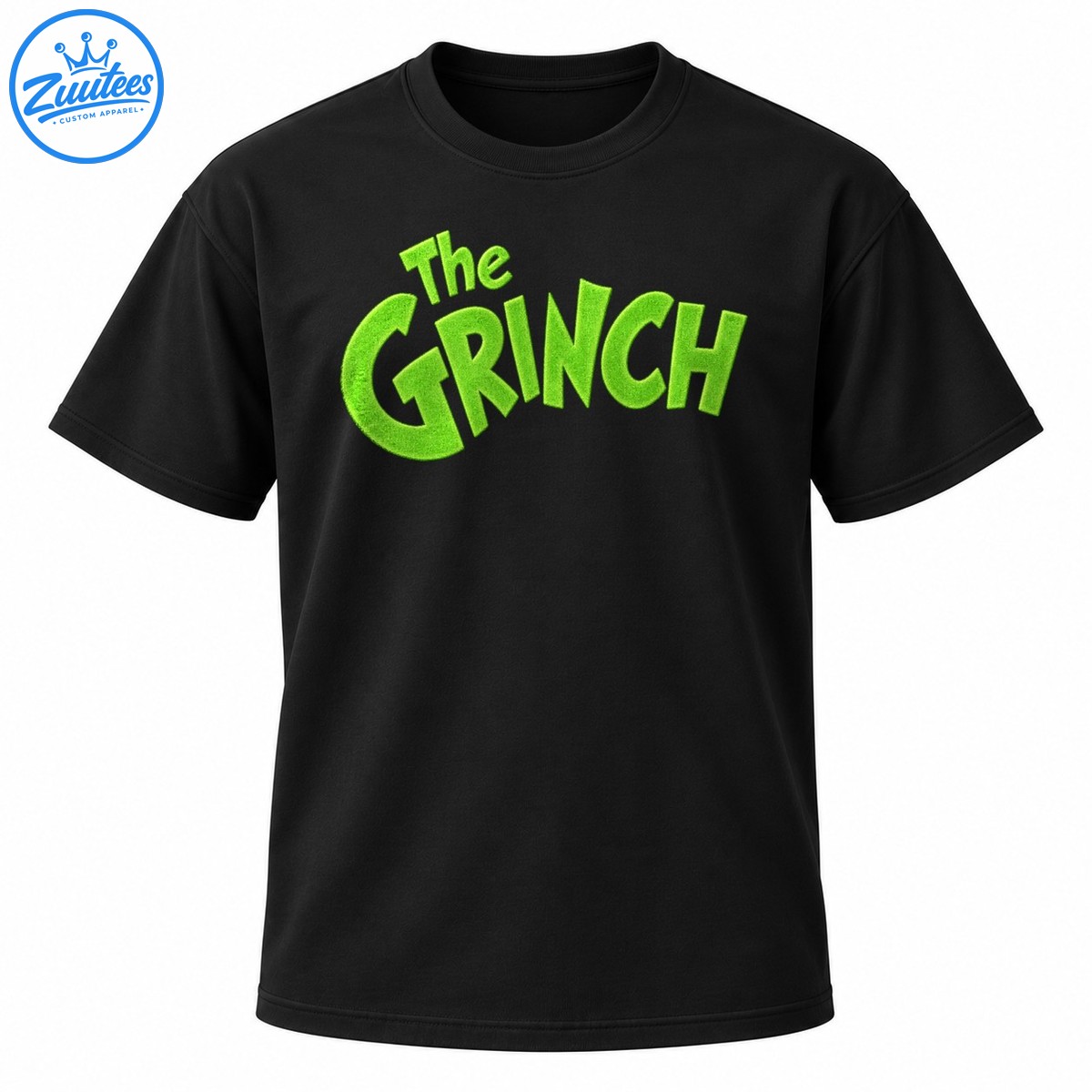 Bold fuzzy green The Grinch lettering graphic with playful cartoon style text on a dark shirt Bold fuzzy green The Grinch lettering graphic with playful cartoon-style text on a dark shirt