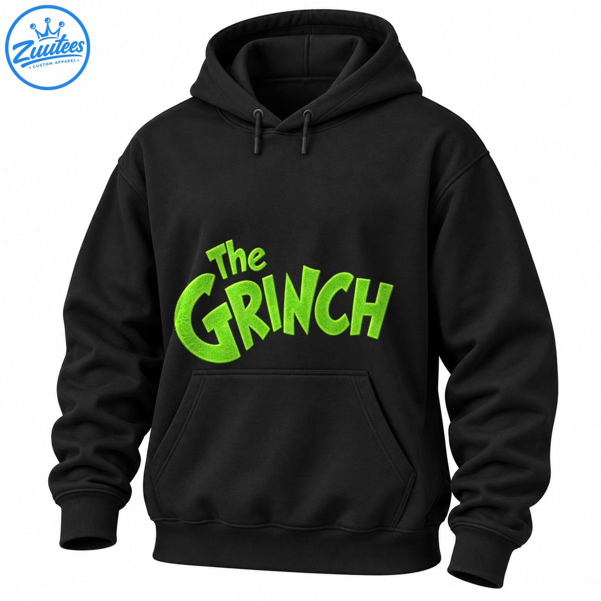 Bold fuzzy green The Grinch lettering graphic with playful cartoon style text on a dark shirt Bold fuzzy green The Grinch lettering graphic with playful cartoon-style text on a dark shirt