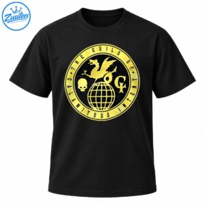 Gold and black circular Guild of Calamitous Intent emblem with a winged dragon, skull, globe, and GI symbol