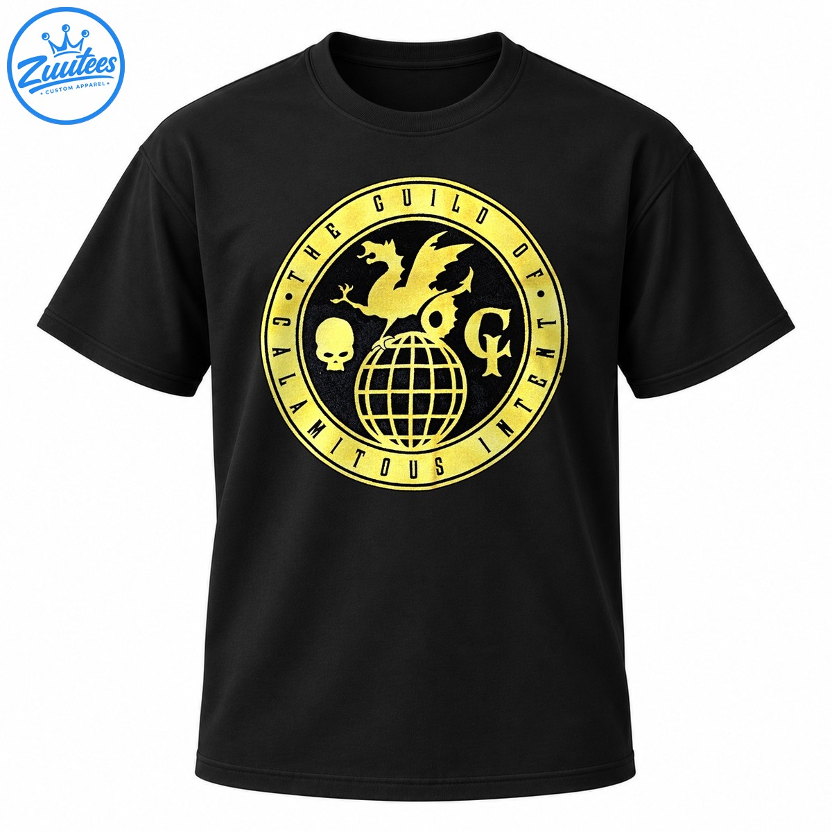 Gold and black circular Guild of Calamitous Intent emblem with a winged dragon, skull, globe, and GI symbol Gold and black circular Guild of Calamitous Intent emblem with a winged dragon, skull, globe, and GI symbol