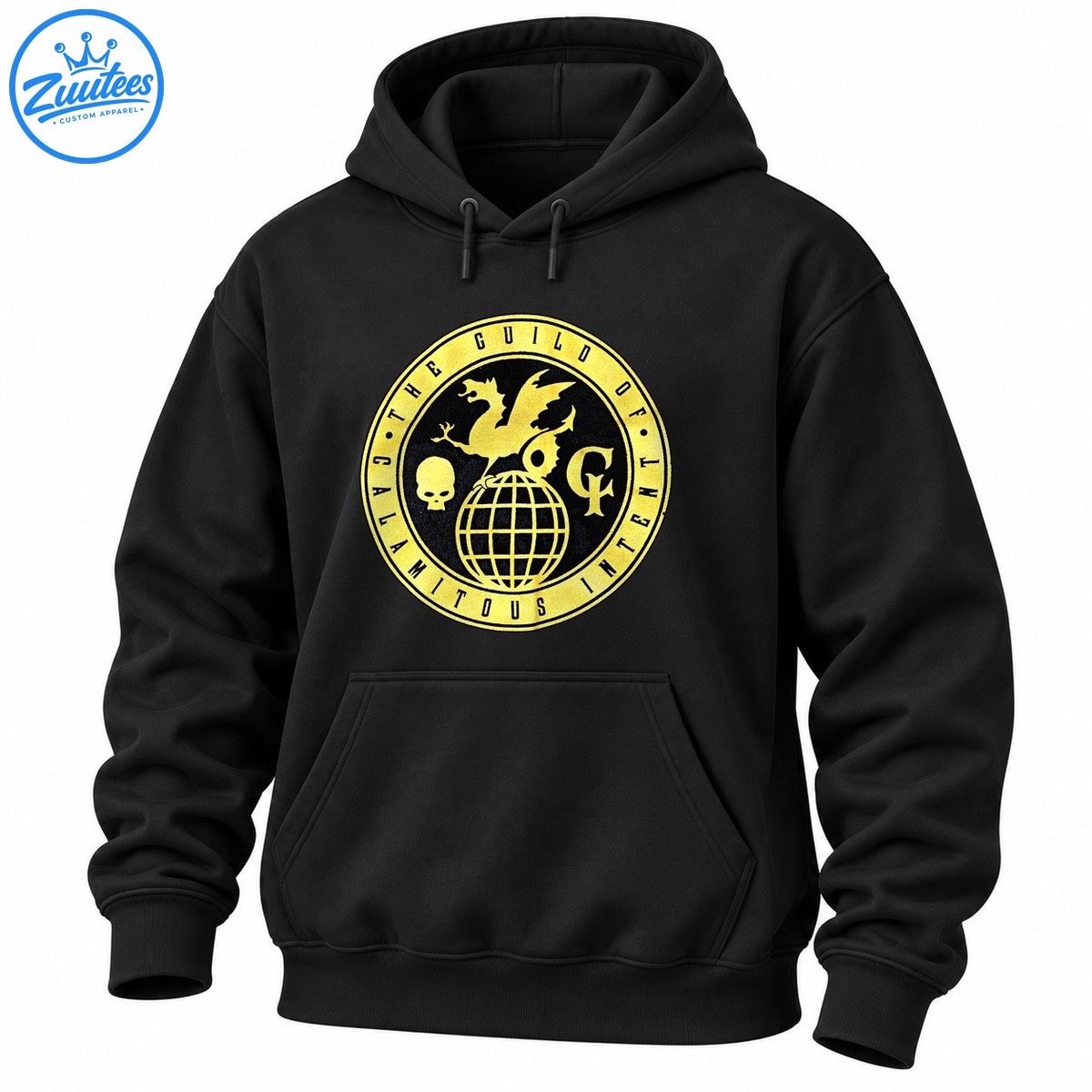 Gold and black circular Guild of Calamitous Intent emblem with a winged dragon, skull, globe, and GI symbol Gold and black circular Guild of Calamitous Intent emblem with a winged dragon, skull, globe, and GI symbol