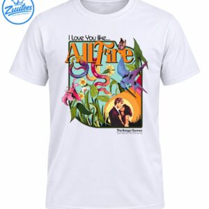 All Fire Shirt with orange lettering, colorful snakes, flowers, blue bird, butterfly, and romantic couple artwork