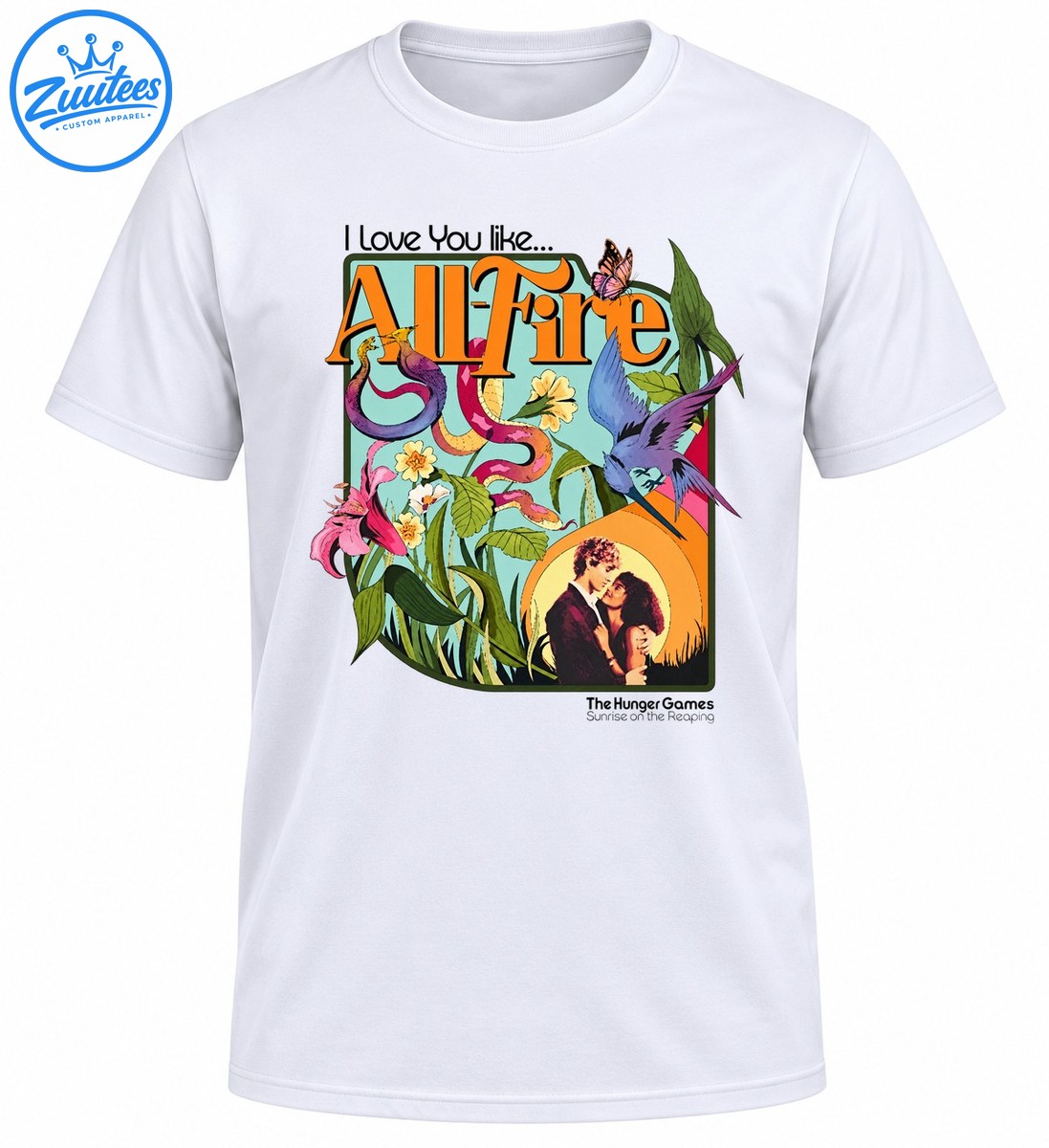 All Fire Shirt with orange lettering, colorful snakes, flowers, blue bird, butterfly, and romantic couple artwork All Fire Shirt with orange lettering, colorful snakes, flowers, blue bird, butterfly, and romantic couple artwork