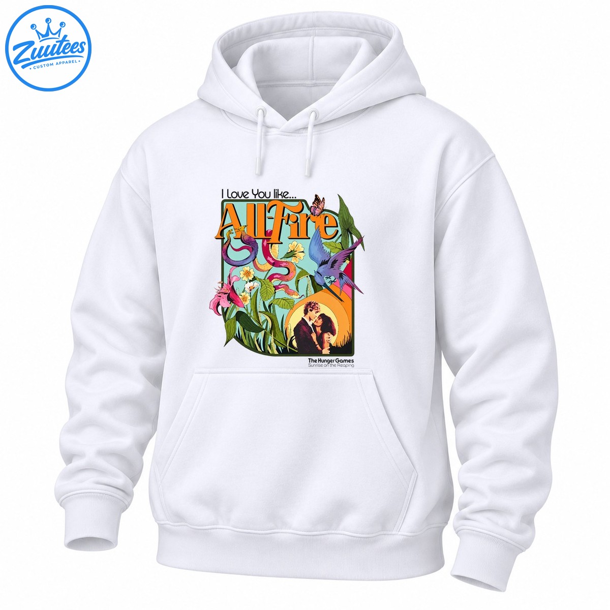 All Fire Shirt with orange lettering, colorful snakes, flowers, blue bird, butterfly, and romantic couple artwork All Fire Shirt with orange lettering, colorful snakes, flowers, blue bird, butterfly, and romantic couple artwork