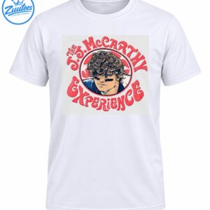 The J. McCarthy Experience graphic with a curly-haired portrait, distressed red lettering, and a circular navy and cream emblem