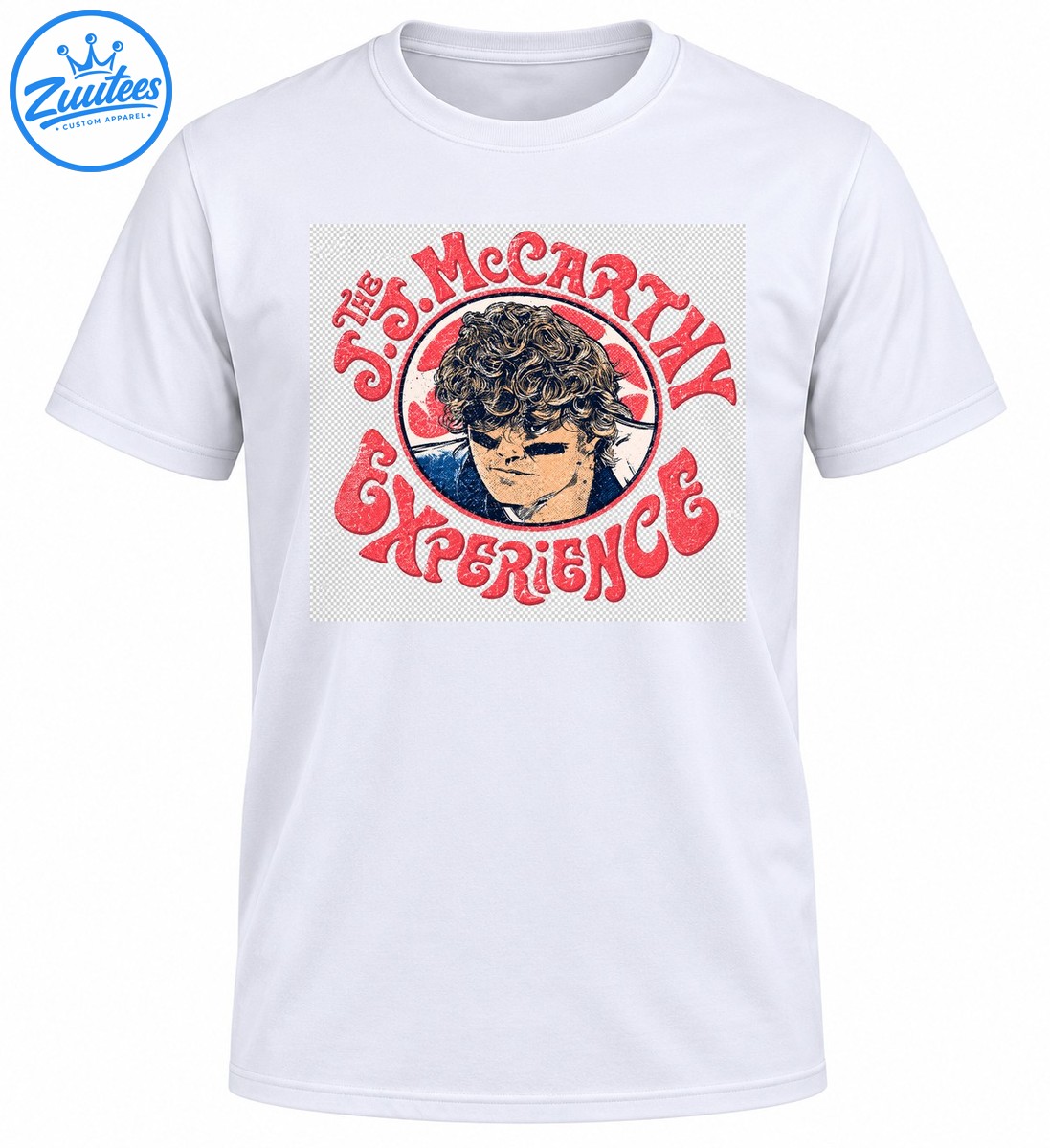 The J. McCarthy Experience graphic with a curly haired portrait, distressed red lettering, and a circular navy and cream emblem The J. McCarthy Experience graphic with a curly-haired portrait, distressed red lettering, and a circular navy and cream emblem